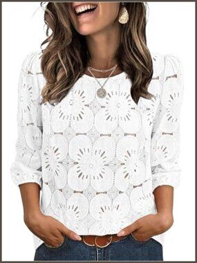 Women's 3/4 Sleeve Lace Eyelet Blouse Dressy Casual Top